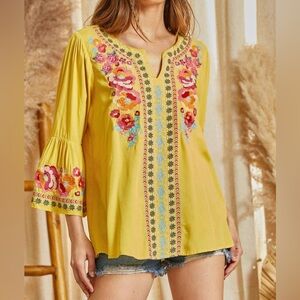 Andree by Unit South Beach Embroidered Mustard Boho Floral Bell Sleeve Blouse